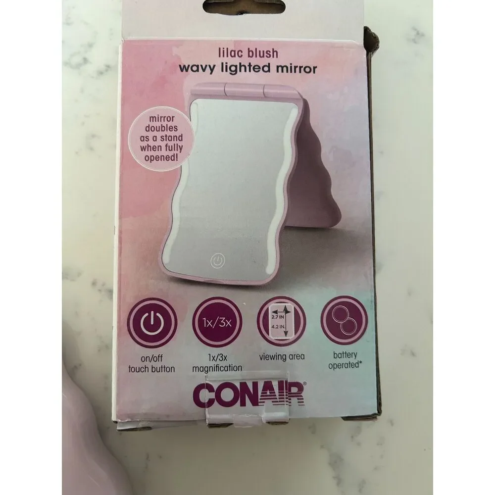 Conair LED Lighted Compact Mirror Lilac Blush Wavy 1x/3x Travel